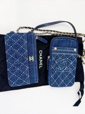 Chanel Denim Quilted Crossbody Phone Case and Wallet Set